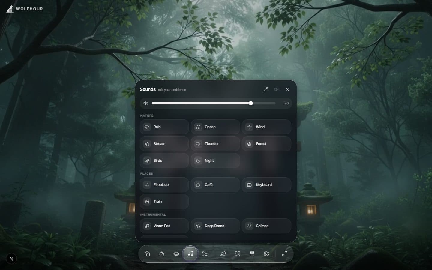 The Wolfhour soundscape mixer — layered sounds with independent volume sliders over a live scene