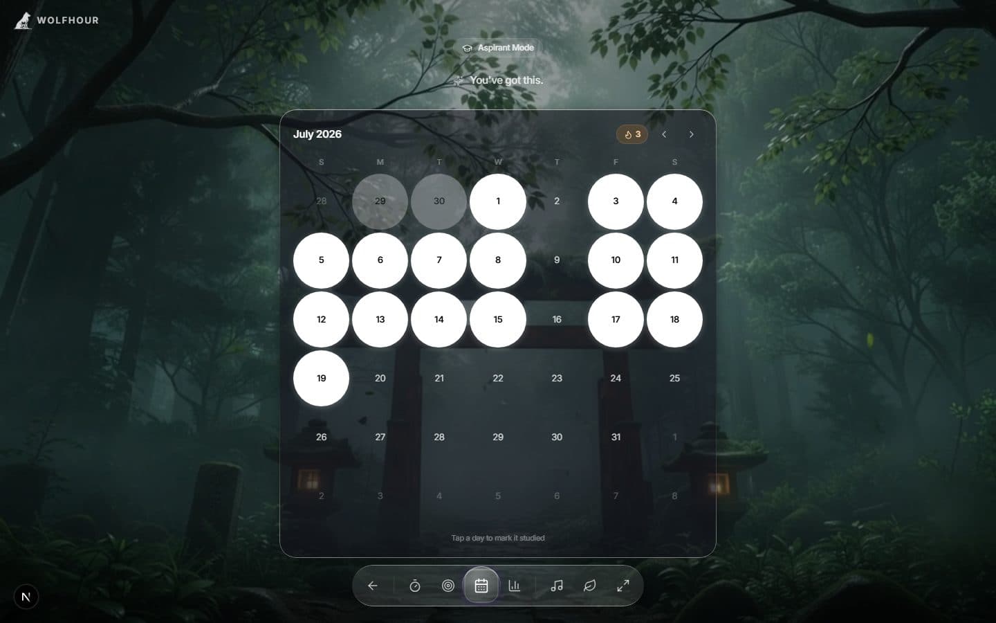 Aspirant Mode study calendar in Wolfhour — studied days marked with a running streak