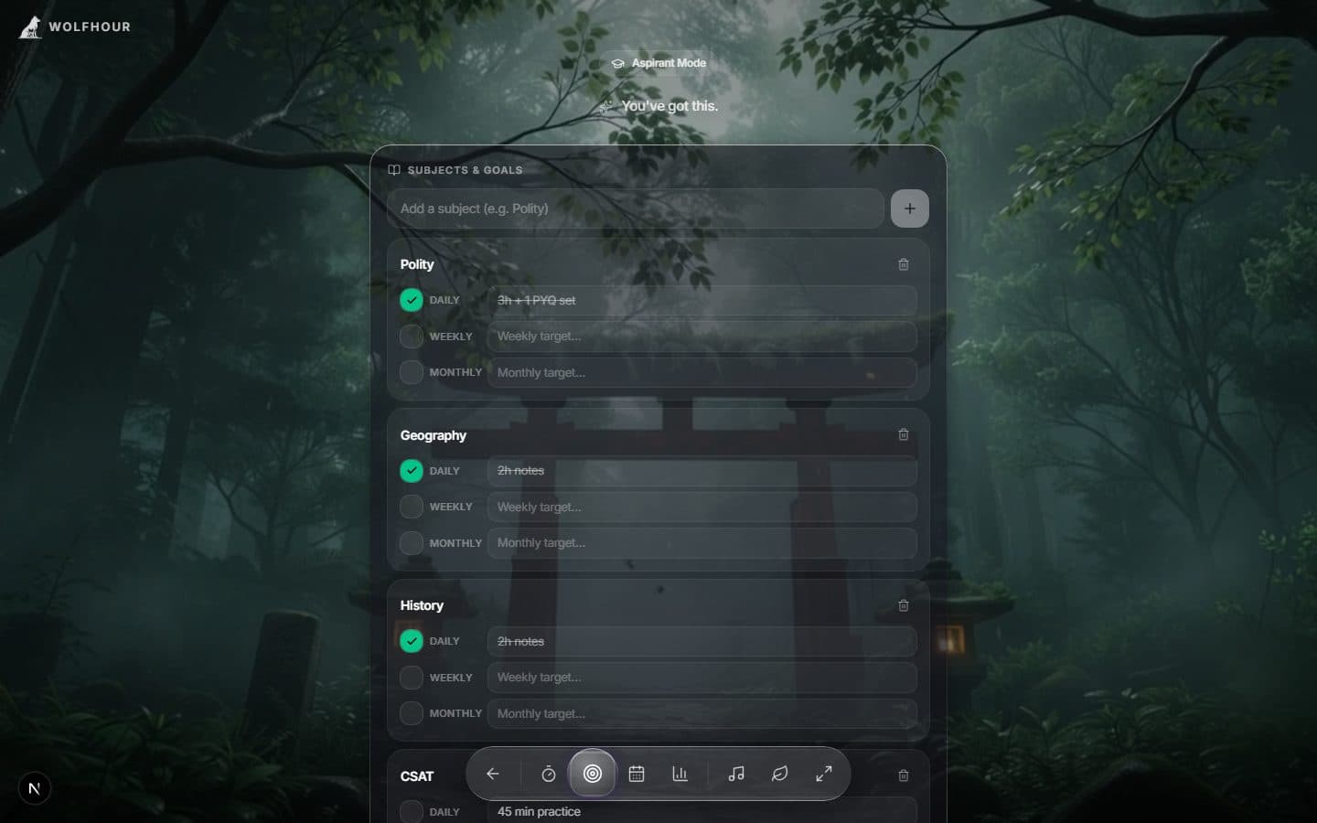 Aspirant Mode goals in Wolfhour — daily, weekly and monthly targets per subject