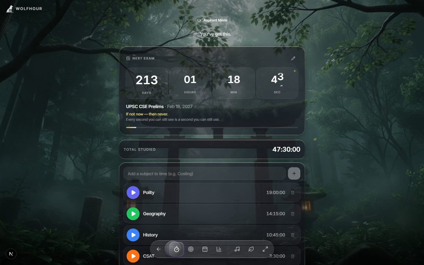Aspirant Mode subject timers in Wolfhour — exam countdown, total studied, and per-subject stopwatches