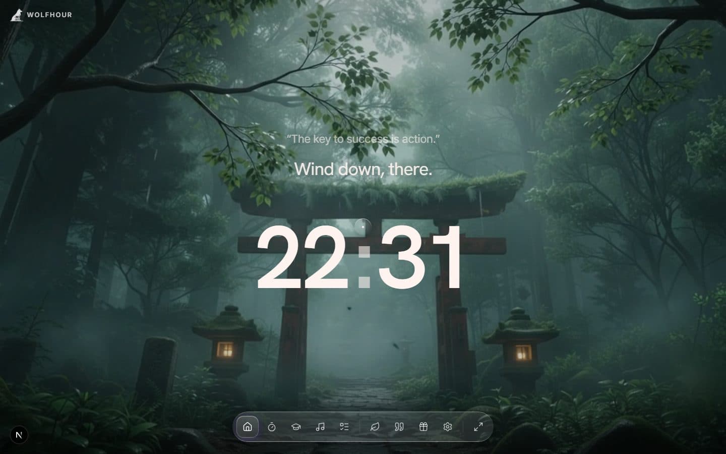 The Wolfhour home dashboard between pomodoro sessions — a large clock and greeting over a live scene