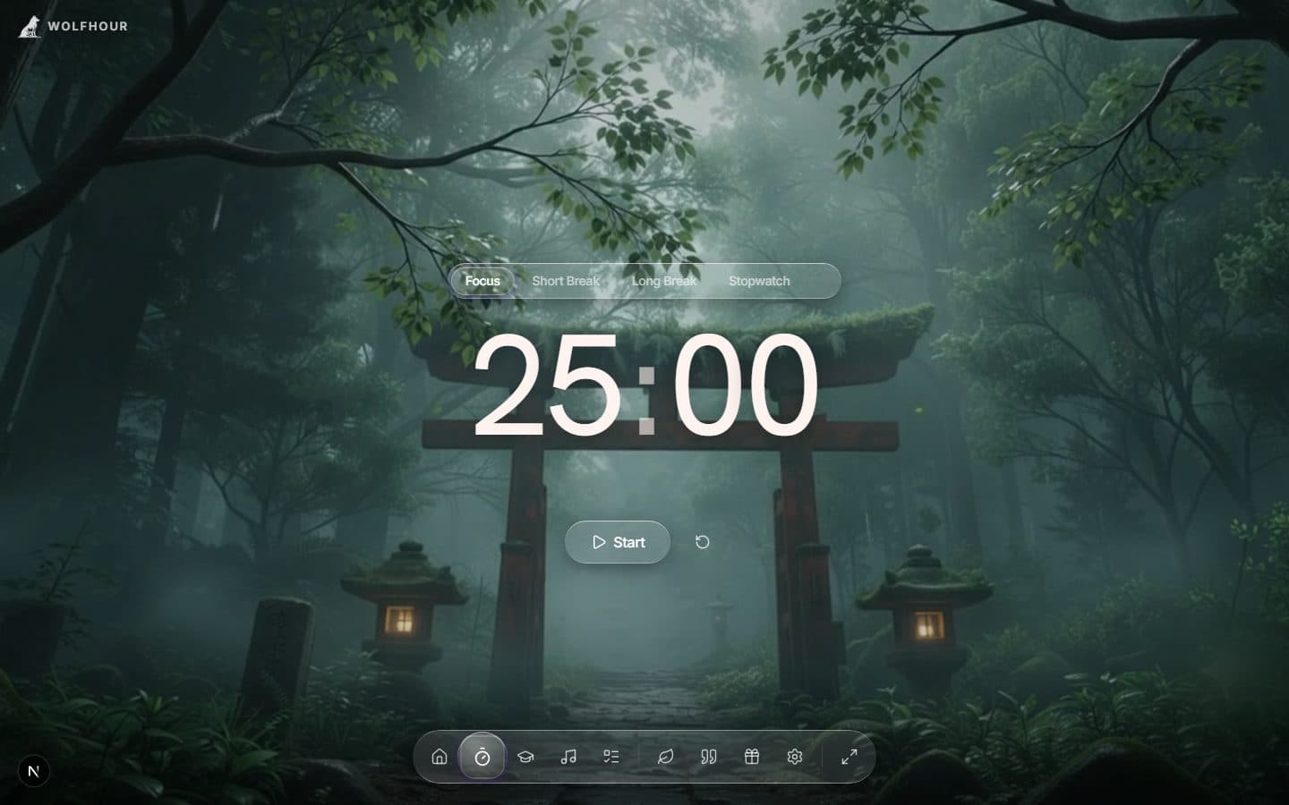 The Wolfhour pomodoro timer in Focus mode — 25-minute countdown over a cinematic scene